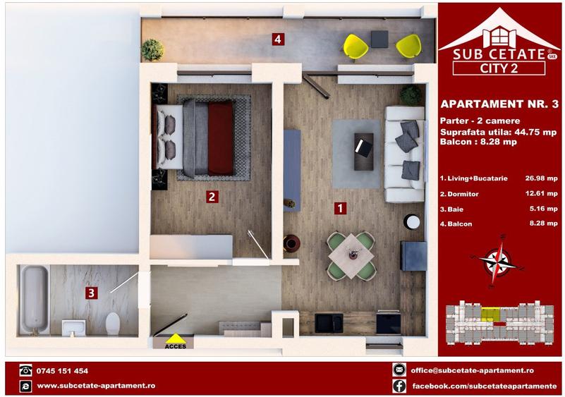 Apartament cu 2 camere decomandat în Sânpetru