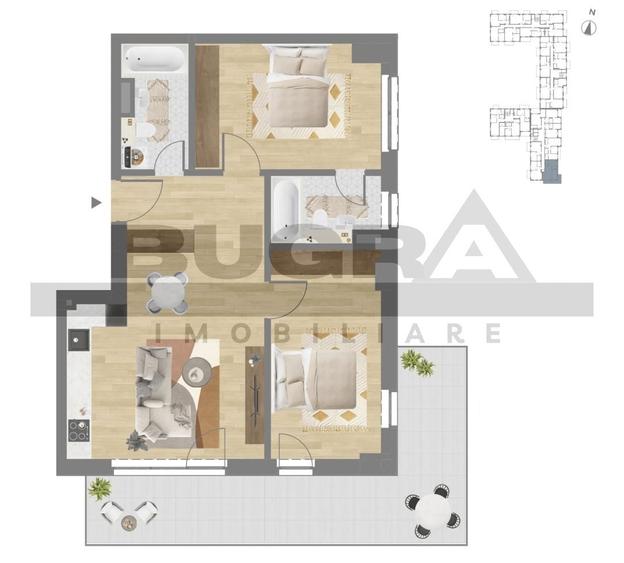 Apartament cu 3 camere semidecomandat în Dâmbul Rotund
