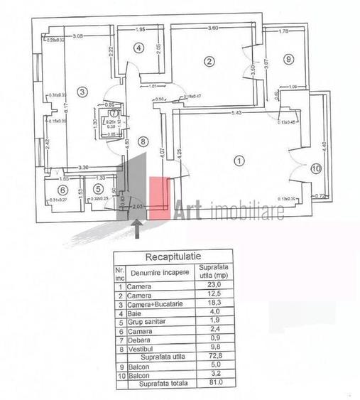 Ap. decomandat 3 camere,  Suprafata utila 73 mp, Bdul. Națiunile Unite - 3