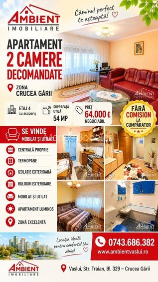 Apartament cu 2 camere, mobilat si utilat, zona Crucea Gării;