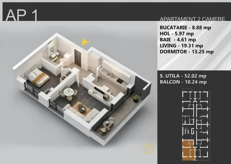 Apartament cu 2 camere decomandat în Titan