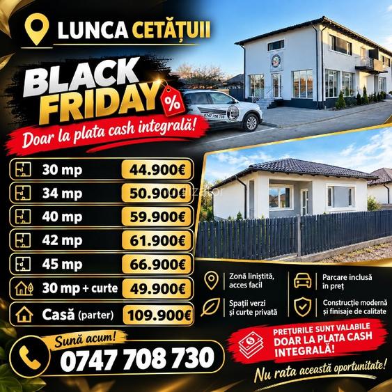 Apartament 1 cameră, 30mp de la 44.900 euro cash, TVA 21% inclus în preț.