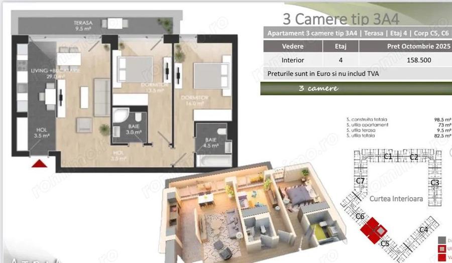 Apartament 3 camere spa?ios, amenajat, bloc nou, comision 0% - 2