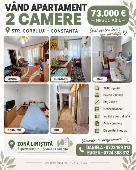 Apartament cu 2 camere nedecomandat în Central