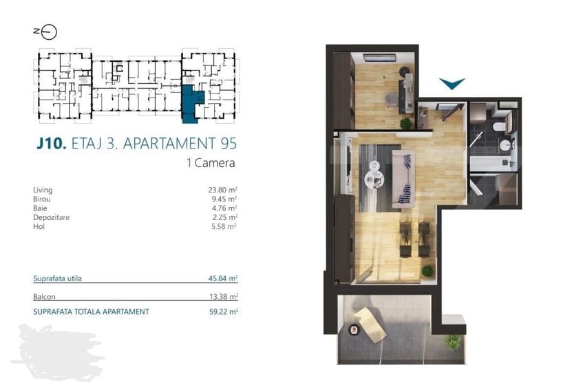 Apartament cu 2 camere, 45 mp, Ansamblu Rezidential, zona RIVUS - 2