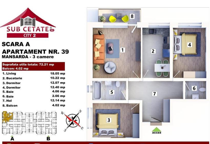 Apartament cu 3 camere decomandat 72 mp + balcon prin credit bancar - 1