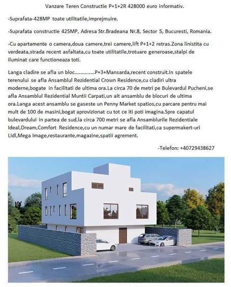 Vanzare Teren pentru constructie P+1+2 retras 428MP pret 428000 euro informativ - 1