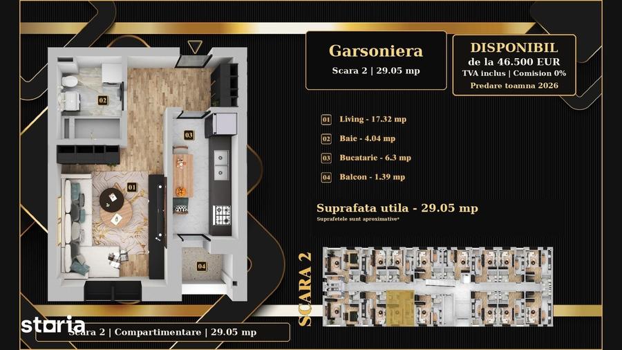 Garsoniera 29,05mp, incalzire in pardoseala, de la 46.500 - 3