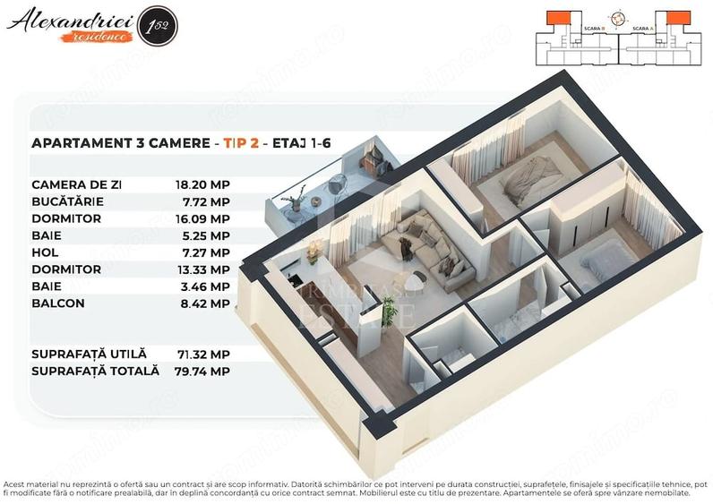Apartament cu 3 camere decomandat în Rahova