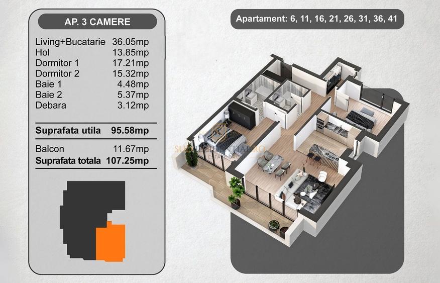 Apartament cu 3 camere decomandat în Panduri