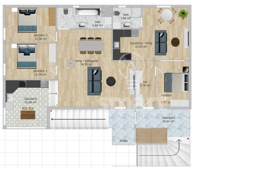 Apartament cu 5 camere semidecomandat, mobilat în Gruia