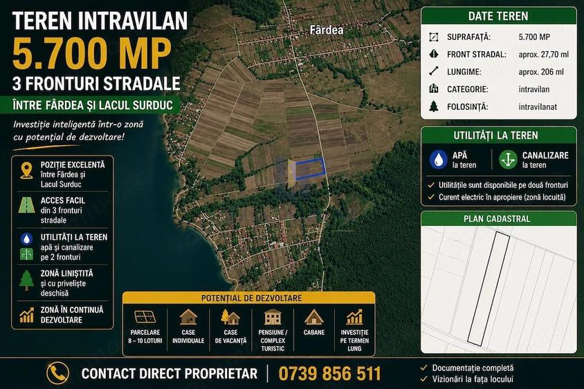 Teren Intravilan 5.700 mp | 3 Fronturi | #206;ntre F #226;rdea #537;i Lacul Surduc | Investi #539; - 2