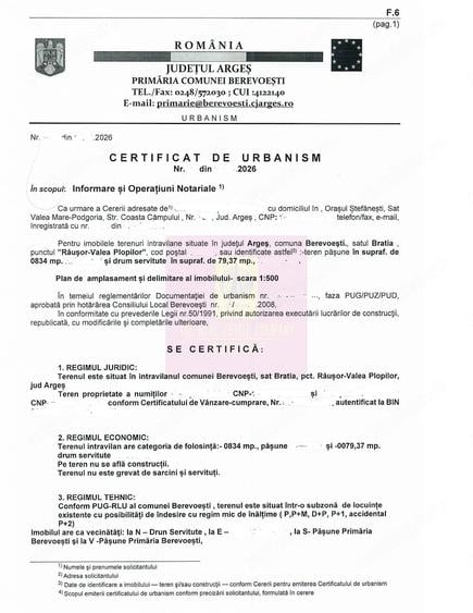 Teren de 834 mp, în Berevoești