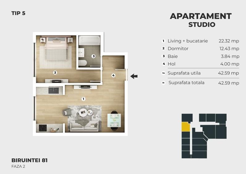 Apartament cu 2 camere semidecomandat în Central