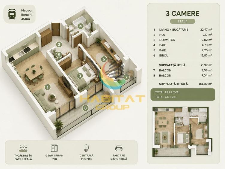 Apartament cu 3 camere decomandat în Central