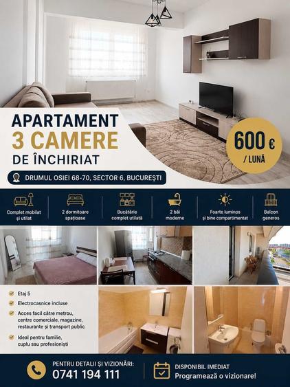 Apartament 3 camere de inchiriat Drumul Osiei Sector 6, 600 /luna - 3