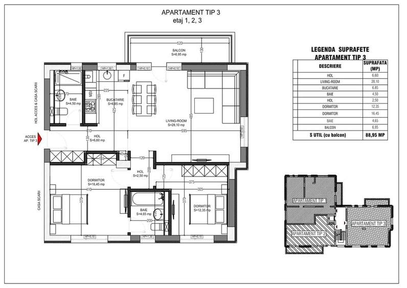Apartament cu 3 camere decomandat în Central