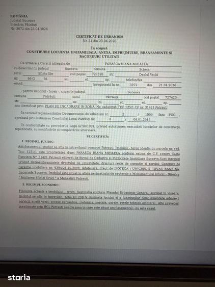 Teren de 1100 mp, în Pătrăuți