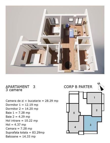 Apartament cu 3 camere semidecomandat în Central