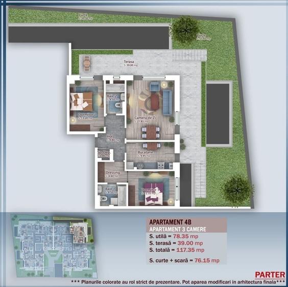 AP. 3CAM DECOMANDAT + GRADINA 70MP / BLOC P+4. COMISION 0%! - 3