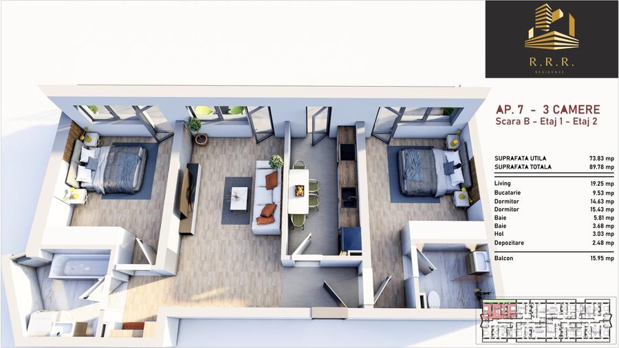 Apartament 3 camere cu 2 bai , tripane , incalzire pardoseala - 1