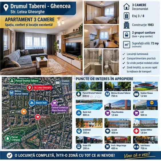 Apartament cu 3 camere semidecomandat, mobilat în Drumul Taberei