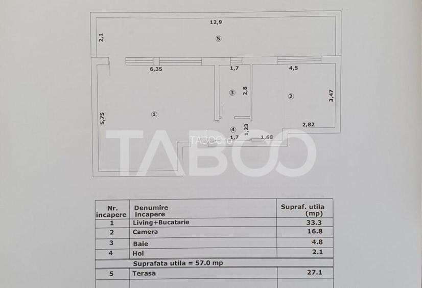 Apartament 2 camere decomandat 47 mp utili + terasa 27 mp no