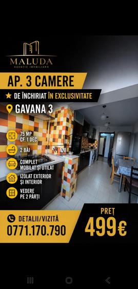 Apartament cu 3 camere decomandat, mobilat în Găvana 3