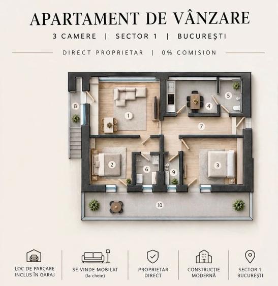 Apartament cu 3 camere decomandat, mobilat în Bucureștii Noi