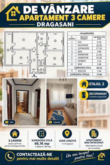 Apartament cu 3 camere decomandat în Central