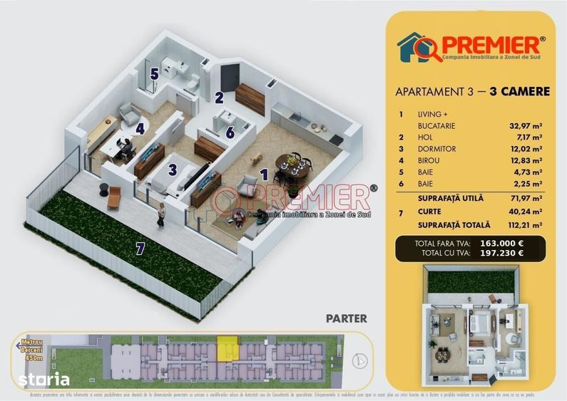 Apartament cu 3 camere decomandat în Central