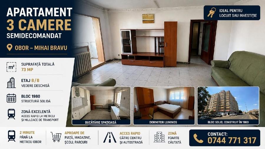 OBOR - Mihai Bravu, Apartament cu 3 camere semidecomandat - 73 mp - etaj 8 - 1