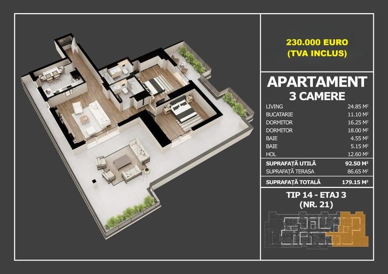 Penthouse exclusivist - 92 mp utili + terasă 86 mp | Bloc nou - Popești Leordeni - 1