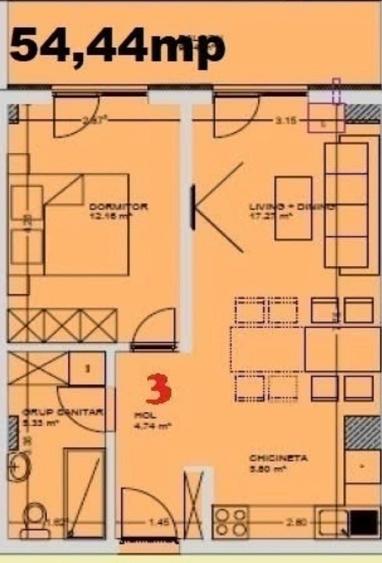 Apartament cu 2 camere semidecomandat în E3