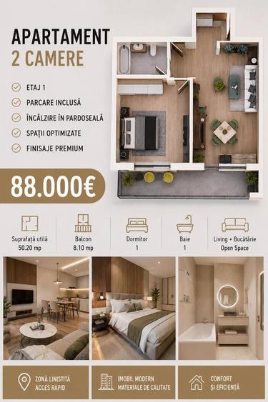 Apartament open space , 50,2 mp , etaj 1 - 1
