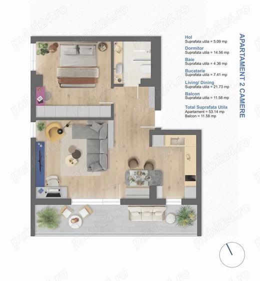 Proprietar * Comision 0% * Aradului * 2 camere * nemobilat * 53 mp + balcon 12 mp - 9