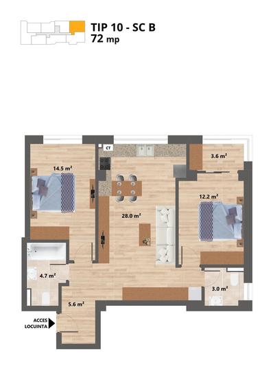 Proiect NOU - Sun Residence - Apartament 3 camere - TIP 10 - 72 Mp - 2