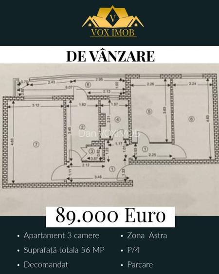 Apartament cu 3 camere decomandat în Astra