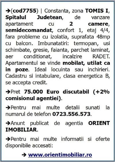 Apartament cu 2 camere semidecomandat în Tomis II