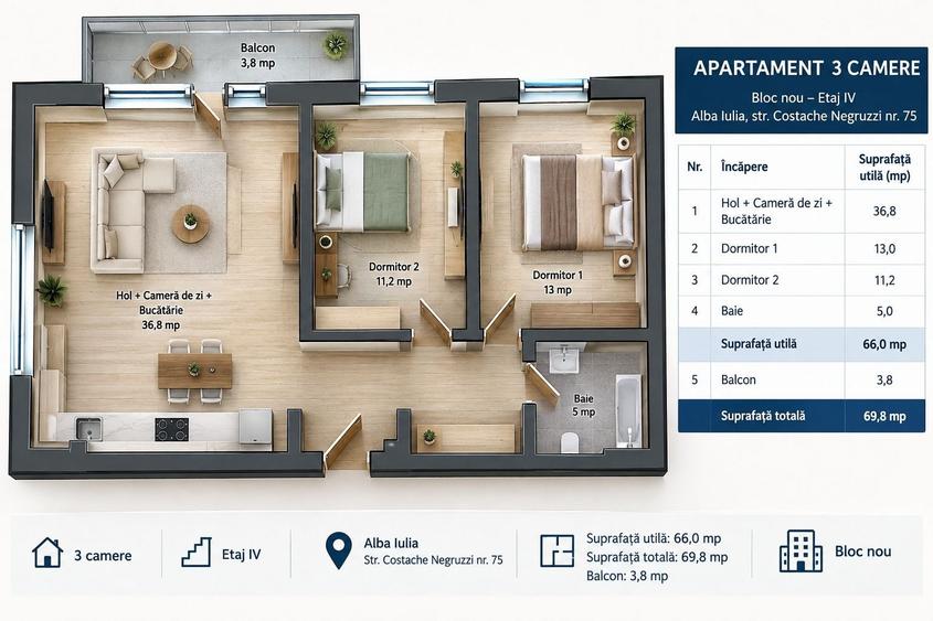 Apartament cu 3 camere decomandat în Central