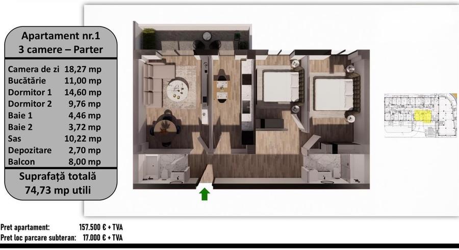 Apartament cu 3 camere decomandat în Tractorul