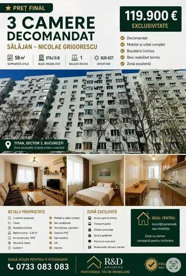 Apartament cu 3 camere decomandat, mobilat în Nicolae Grigorescu