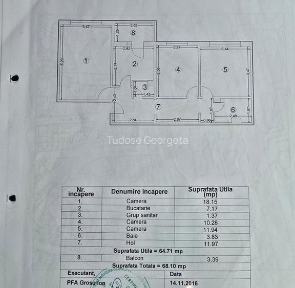 Dacia - ap 3 cam , parter/4 , dec, Suprafata 68,1 mp