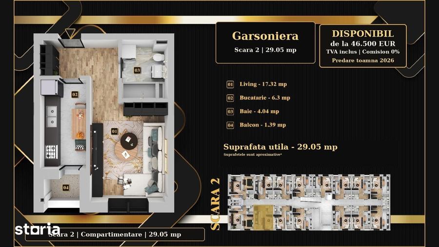 Garsoniera 29,05mp, incalzire in pardoseala, de la 46.500 - 4