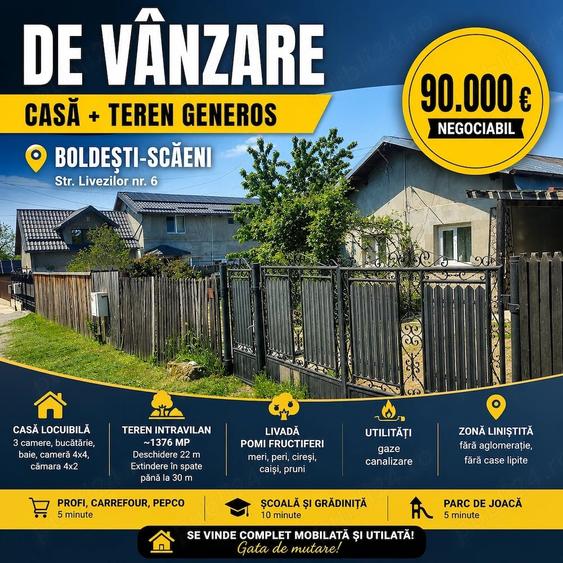 Casă cu 3 camere cu Teren 1400 Mp în Boldești