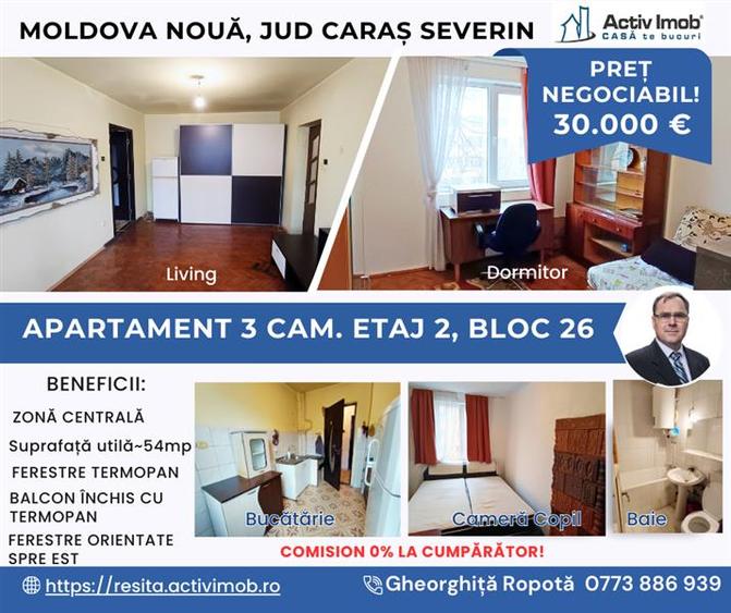Apartament 3 cam. et. 2 in Moldova Nouă - 1