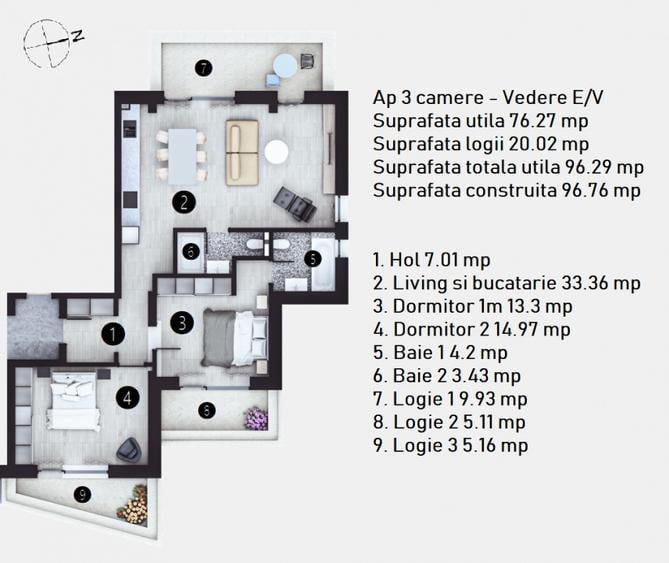 Apartament 3 camere, 97 MP, 2 BAI, 0% Comision, Doamna Ghica - H35 - 6