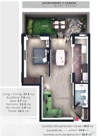 Apartament 2 camere, 53,8mp| Terasa 16,1 mp | Zona Vivo | Fl - Floresti (Cluj) - 1