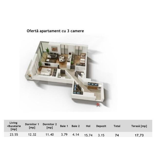 Apartament cu 3 camere semidecomandat în Central