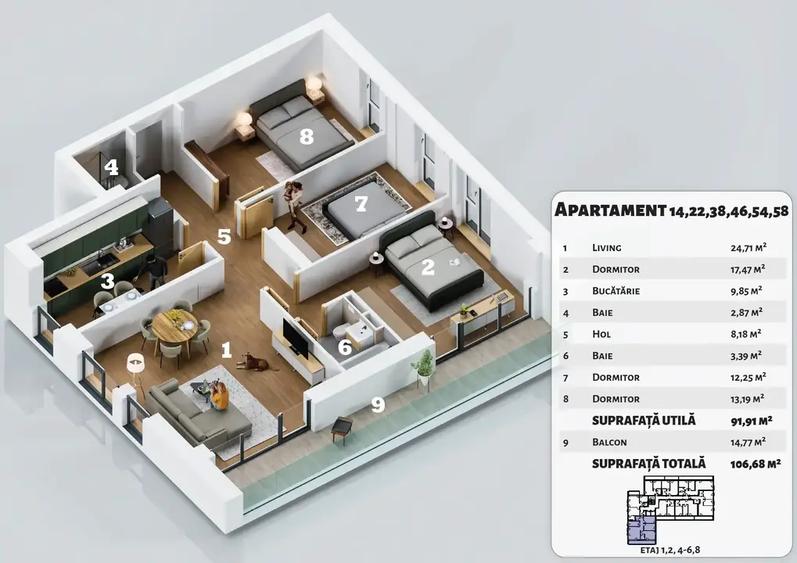 Apartament cu 4 camere decomandat în Titan